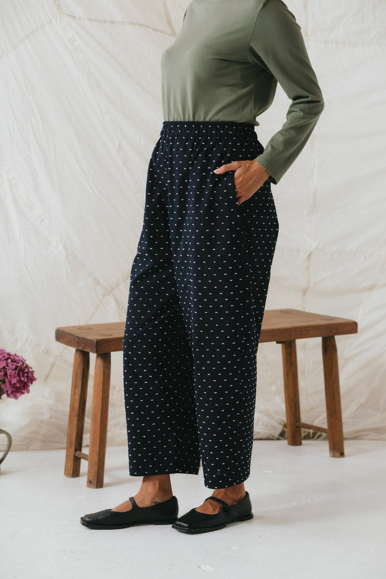 Nuria Barrel Pant in Polka Dot Dobby