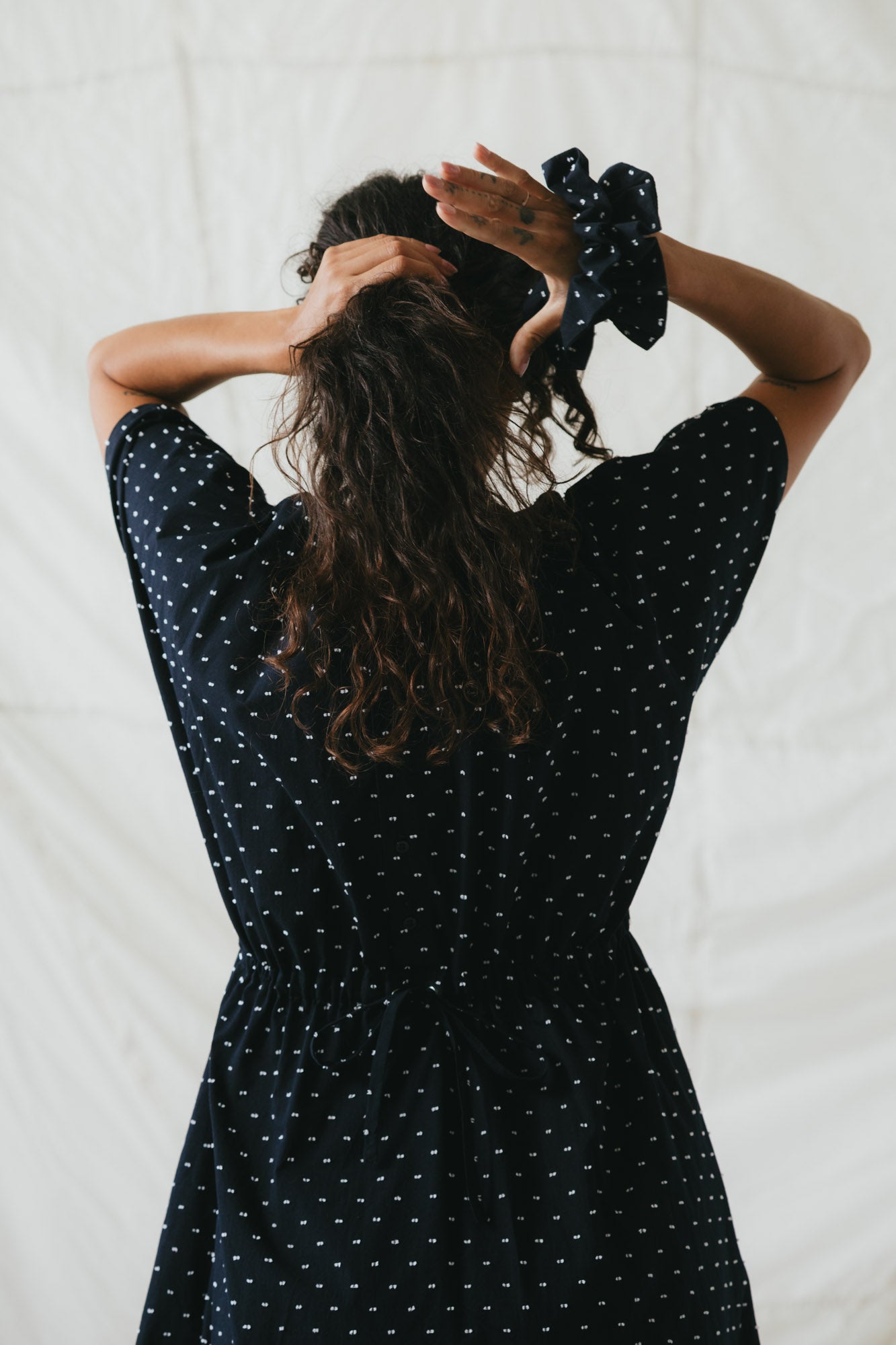 Ruffle Scrunchie in Polka Dot Dobby