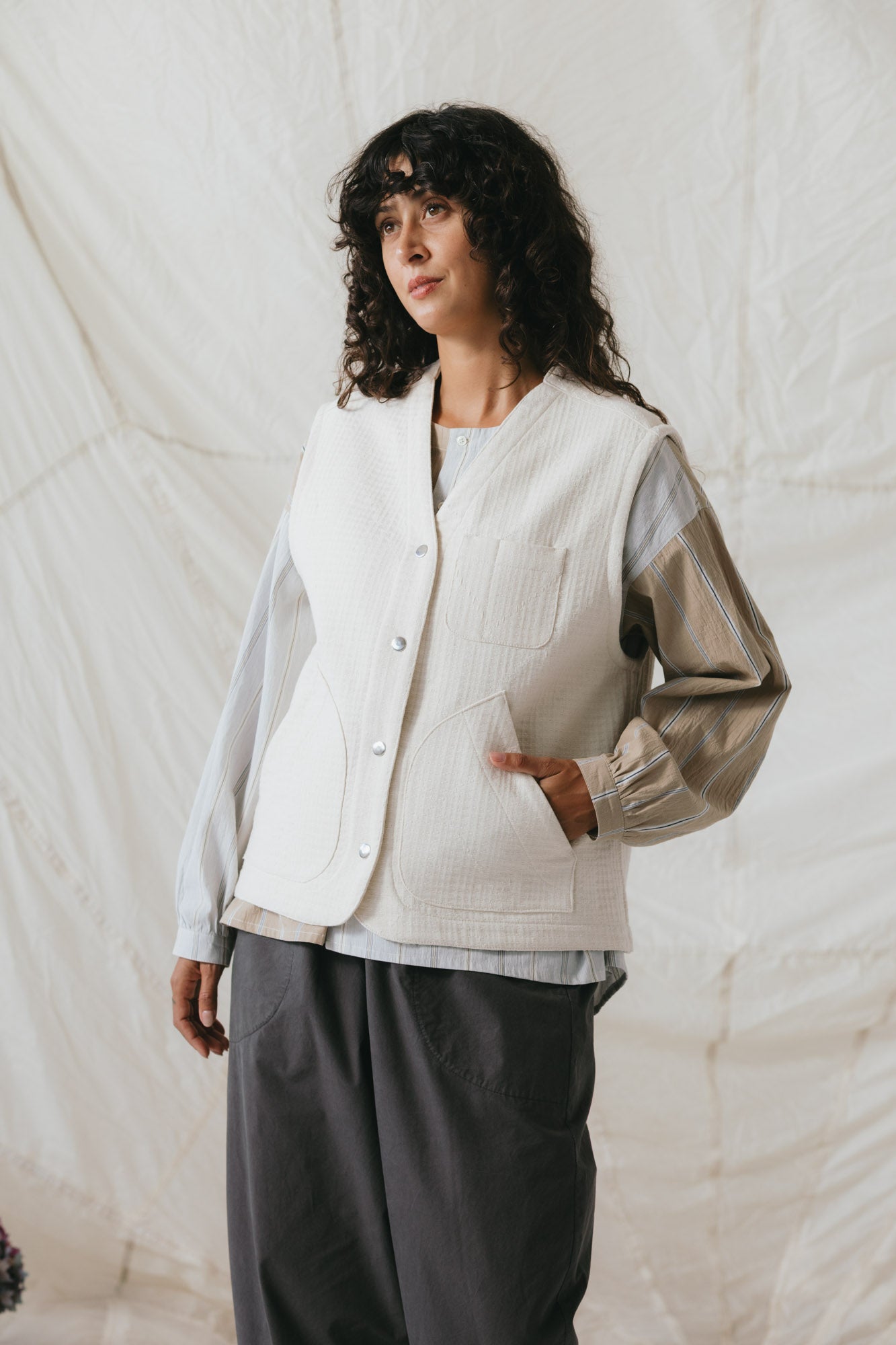 Studio Vest in Natural Sashiko